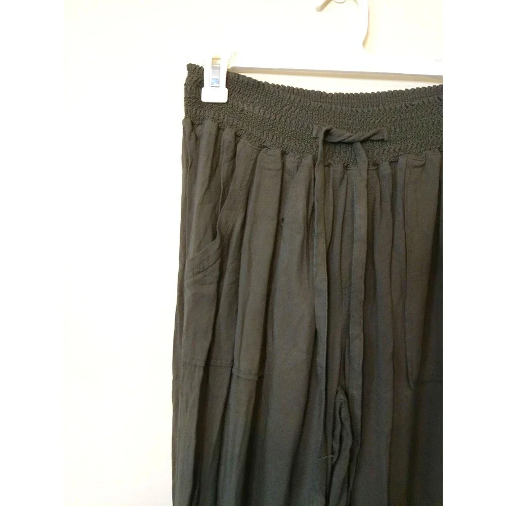 Ci Sono Womens Khaki Wide Leg 100% Rayon Pants Boho Coastal Smocked Waist Sz L - Picture 4 of 10